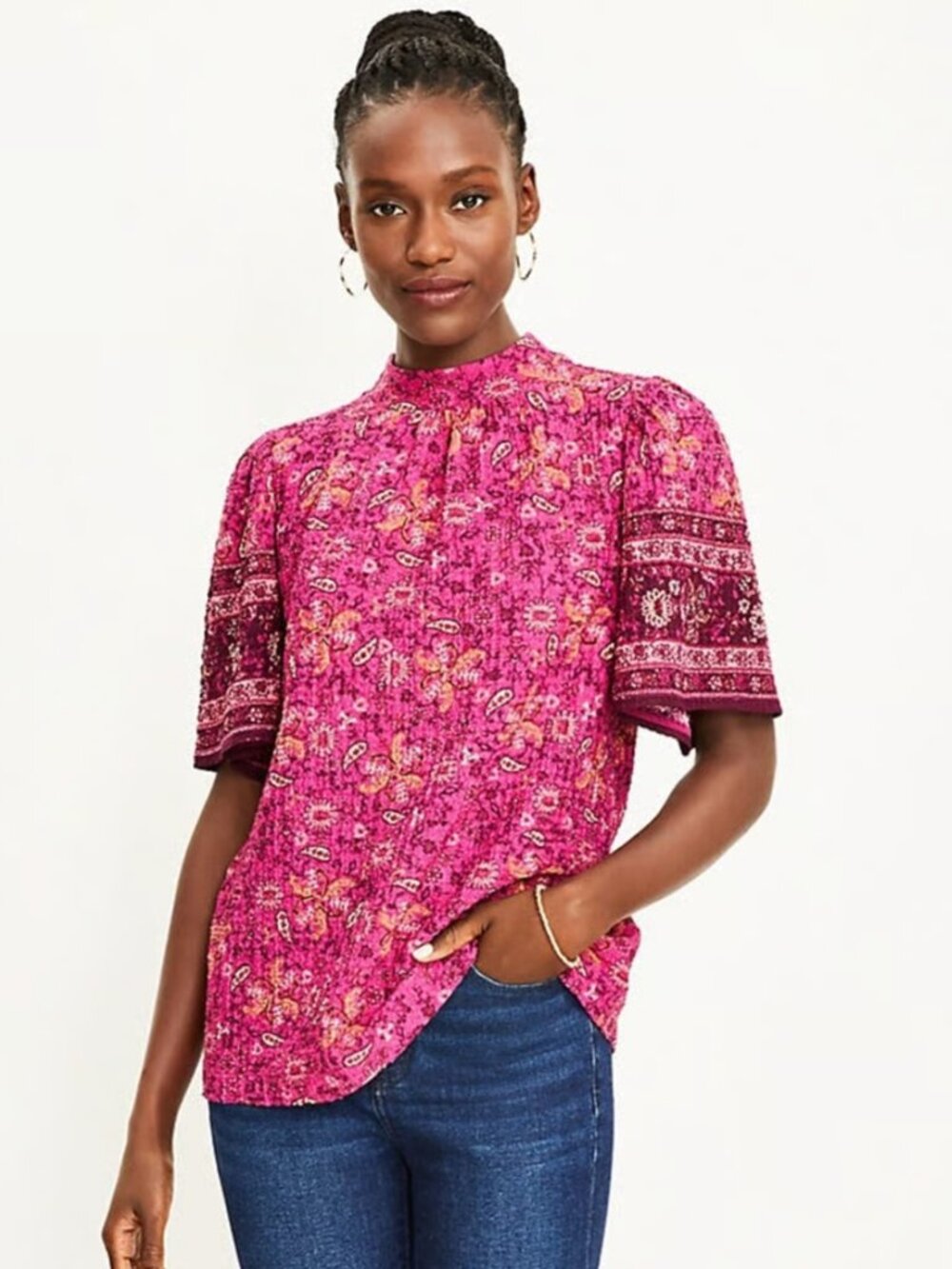 LOFT Pink Floral Print Short Sleeve Blouse
